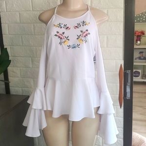 White long sleeve shoulder cut out top